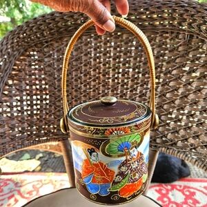 Vintage Asian Handmade Stoneware Biscuit/Tea Canister with Lid and Handle